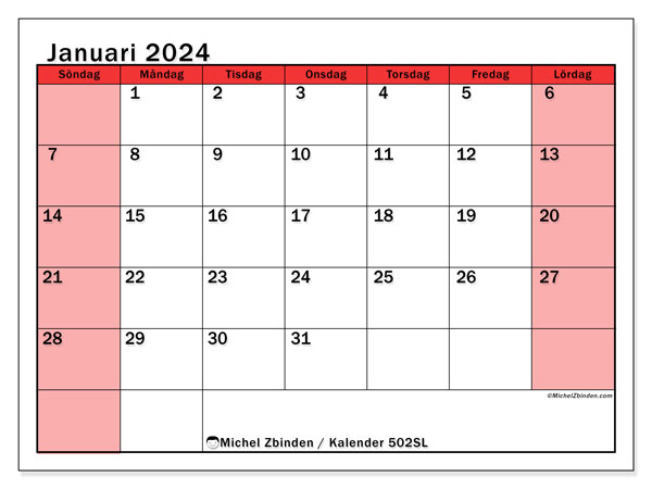 Kalender januari 2024 “502”. Gratis karta som kan skrivas ut.. Söndag till lördag