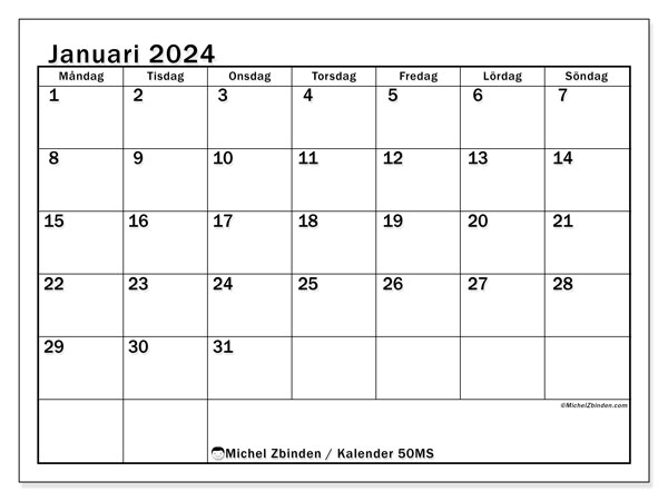 Kalender januari 2024 “50”. Gratis kalender som kan skrivas ut.. Måndag till söndag