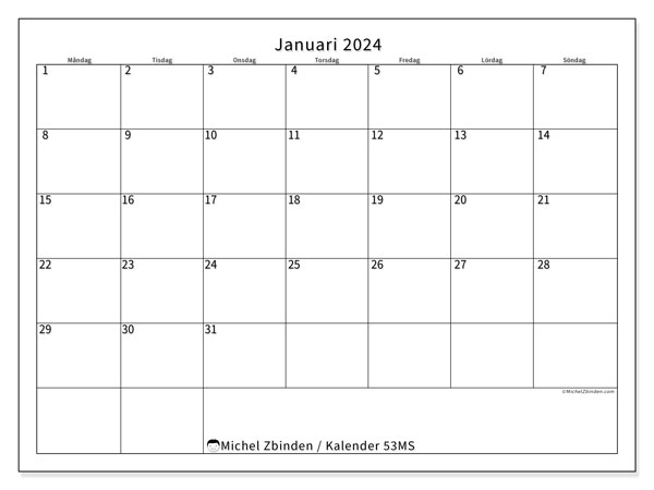 Kalender januari 2024 “53”. Gratis karta som kan skrivas ut.. Måndag till söndag