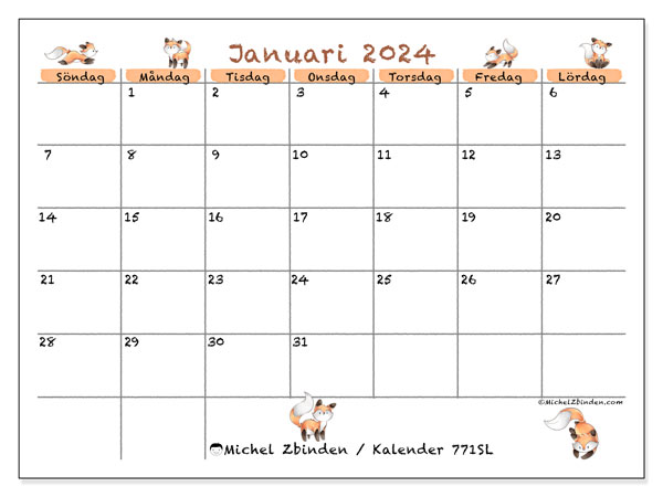 Kalender att skriva ut, januari 2024, 771SL