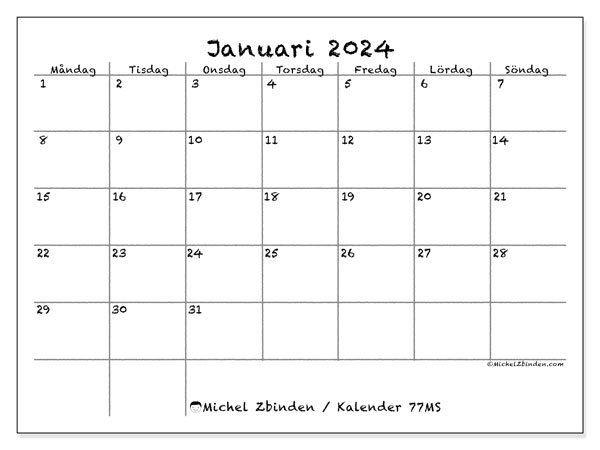 Kalender januari 2024, 77MS. Gratis karta som kan skrivas ut.