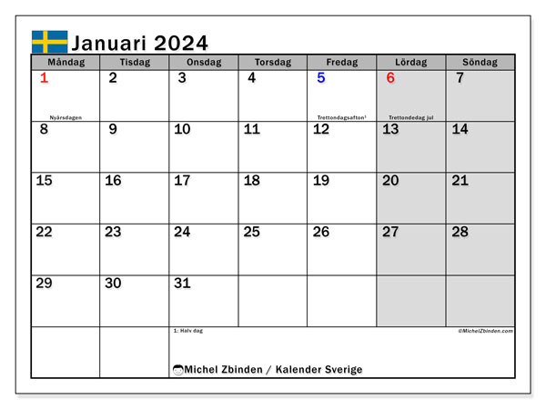 Calendrier janvier 2024, Suède (SV), prêt à imprimer et gratuit.