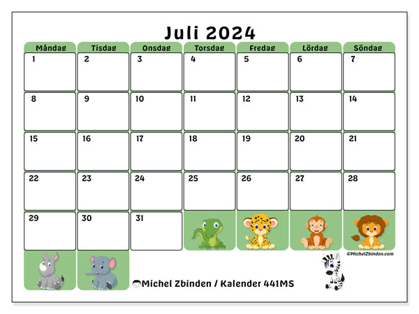 Kalender juli 2024 “441”. Gratis utskrivbart program.. Måndag till söndag