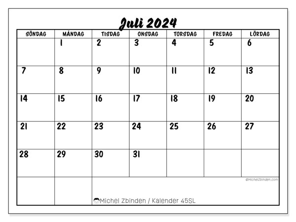 Kalender juli 2024 “45”. Gratis kalender som kan skrivas ut.. Söndag till lördag