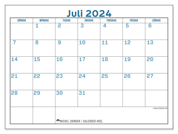 Kalender juli 2024, 49SL. Gratis utskrivbart program.
