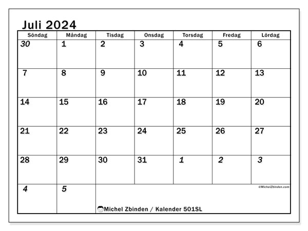 Kalender juli 2024 “501”. Gratis kalender som kan skrivas ut.. Söndag till lördag