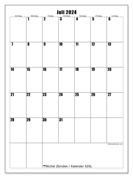Kalender juli 2024 “52”. Gratis karta som kan skrivas ut.. Söndag till lördag