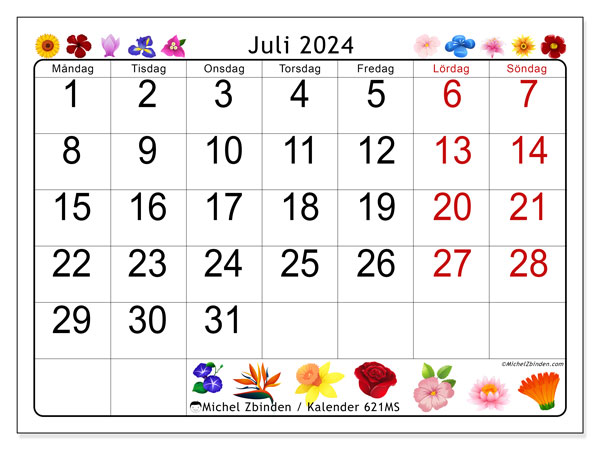 Kalender juli 2024 “621”. Gratis karta som kan skrivas ut.. Måndag till söndag