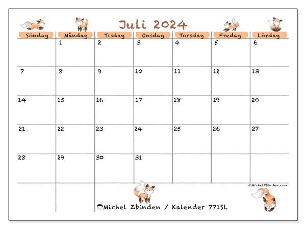 Kalender juli 2024, 771SL. Gratis utskrivbart program.