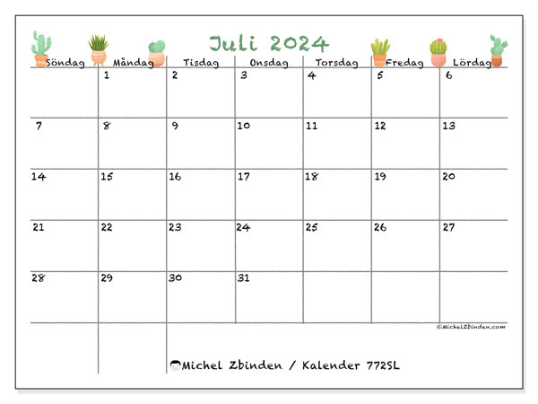 Kalender juli 2024 “772”. Gratis karta som kan skrivas ut.. Söndag till lördag