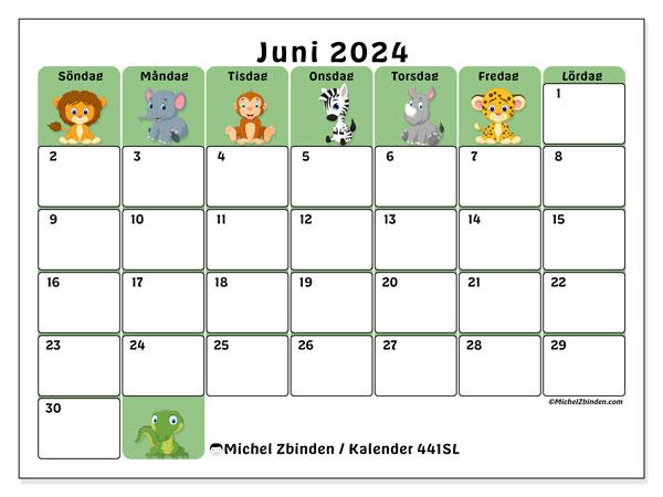 Kalender juni 2024 “441”. Gratis kalender som kan skrivas ut.. Söndag till lördag