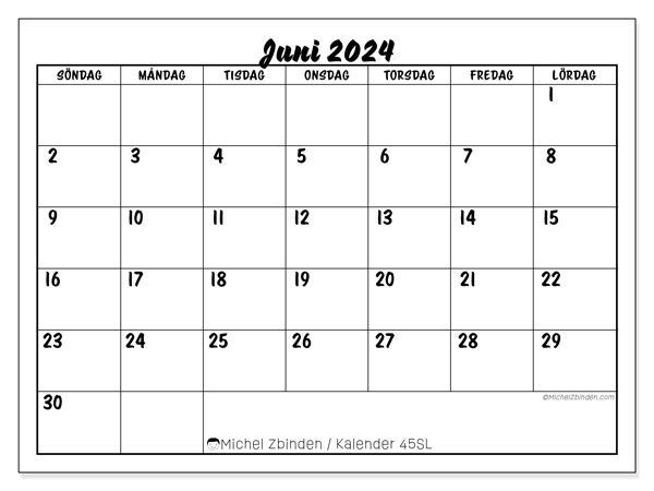 Kalender juni 2024 “45”. Gratis kalender som kan skrivas ut.. Söndag till lördag