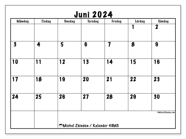 48MS, kalender juni 2024, för utskrift, gratis.