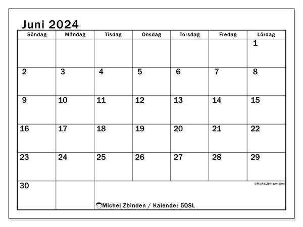 Kalender juni 2024 “50”. Gratis karta som kan skrivas ut.. Söndag till lördag