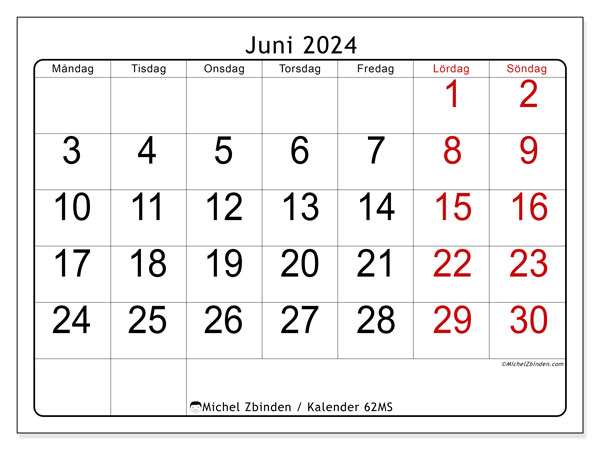 Kalender juni 2024 “62”. Gratis karta som kan skrivas ut.. Måndag till söndag