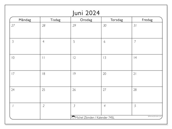 Kalender juni 2024, 74SL. Gratis utskrivbart program.
