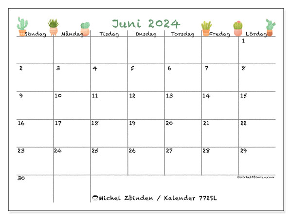 Kalender juni 2024 “772”. Gratis utskrivbart program.. Söndag till lördag
