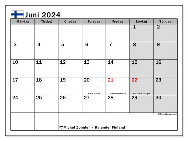 Kalender Juni 2024 “Finnland (SV)”. Kalender zum Ausdrucken kostenlos.. Montag bis Sonntag