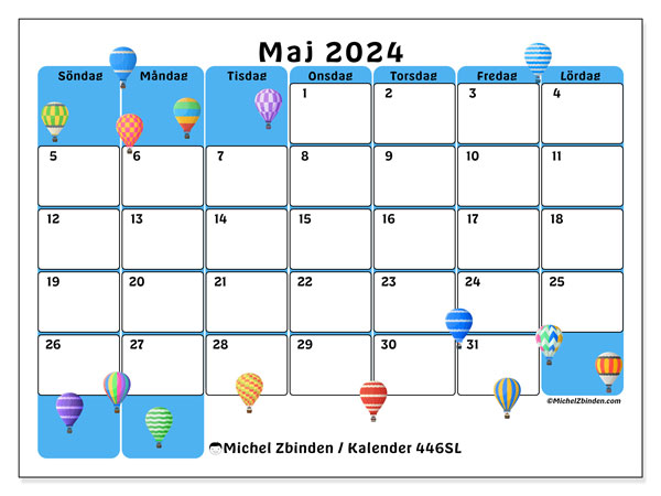 Kalender maj 2024, 446SL. Gratis utskrivbart program.