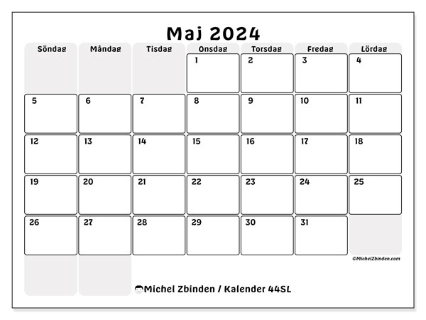 Kalender maj 2024, 44SL. Gratis karta som kan skrivas ut.