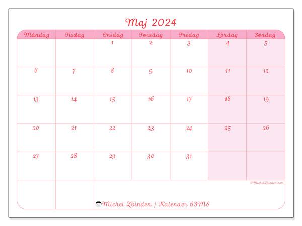 Kalender maj 2024, 63SL. Gratis karta som kan skrivas ut.