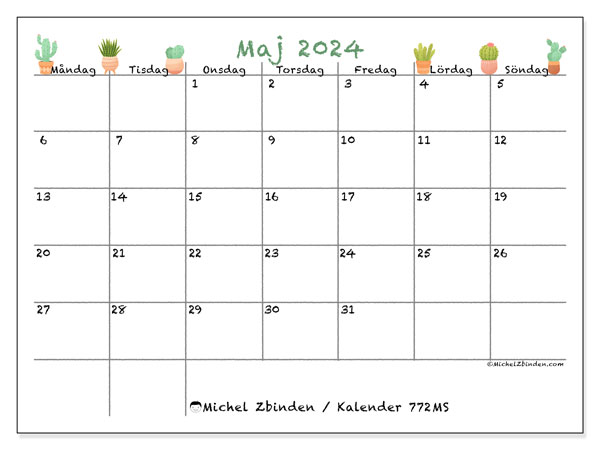 Kalender maj 2024, 772MS. Gratis karta som kan skrivas ut.