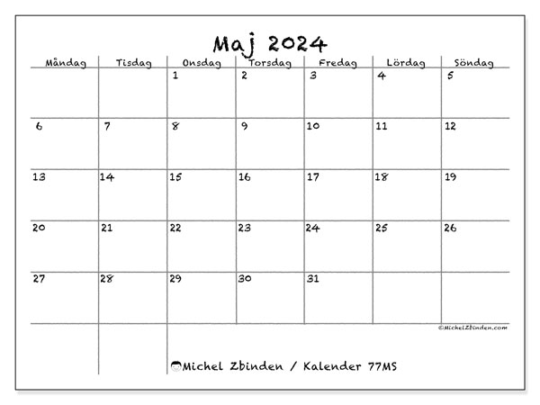 77MS, kalender maj 2024, för utskrift, gratis.