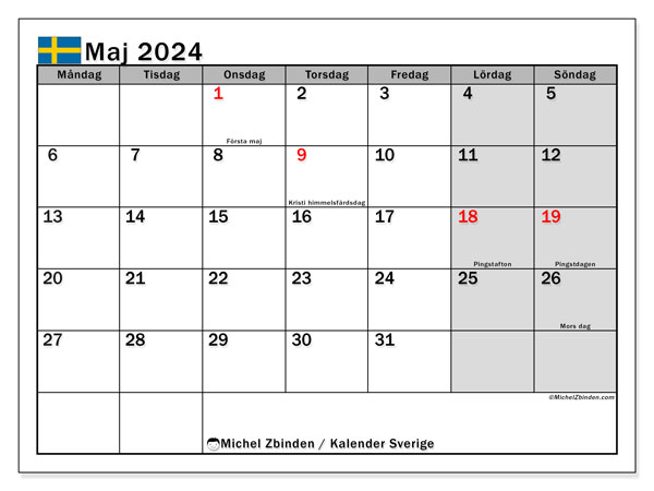 Kalender Mai 2024, Schweden (SV). Programm zum Ausdrucken kostenlos.