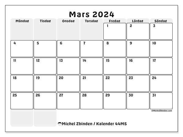 Kalender mars 2024, 44MS. Gratis kalender som kan skrivas ut.