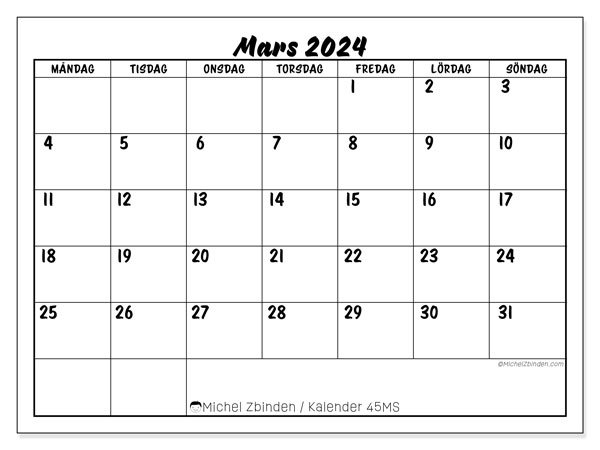 Kalender mars 2024 “45”. Gratis kalender som kan skrivas ut.. Måndag till söndag