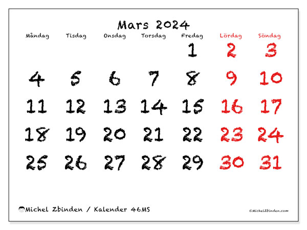 Kalender mars 2024 “46”. Gratis karta som kan skrivas ut.. Måndag till söndag