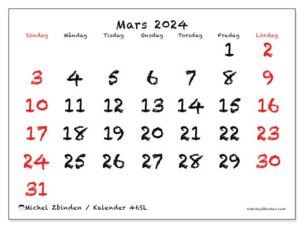 Kalender mars 2024 “46”. Gratis karta som kan skrivas ut.. Söndag till lördag