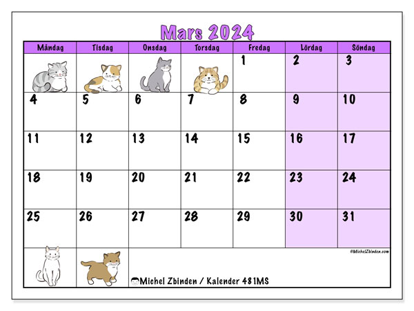 Kalender mars 2024 “481”. Gratis karta som kan skrivas ut.. Måndag till söndag