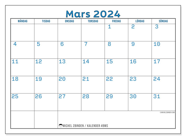 Kalender mars 2024 “49”. Gratis karta som kan skrivas ut.. Måndag till söndag
