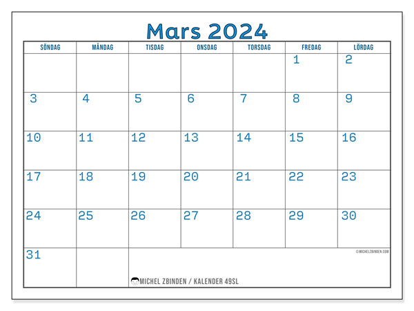Kalender mars 2024 “49”. Gratis karta som kan skrivas ut.. Söndag till lördag