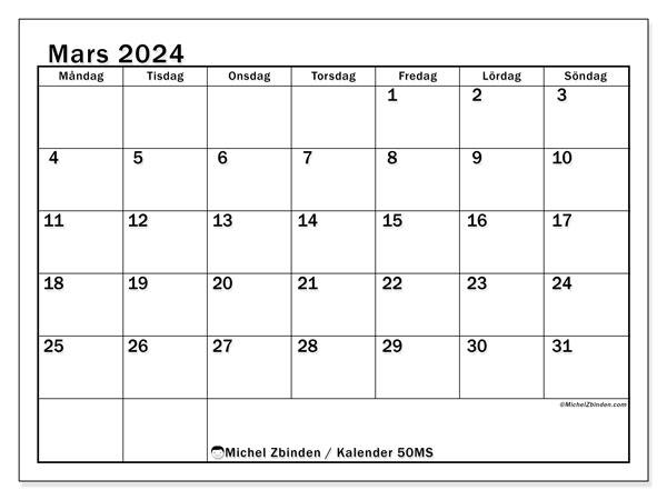 Kalender mars 2024 “50”. Gratis karta som kan skrivas ut.. Måndag till söndag
