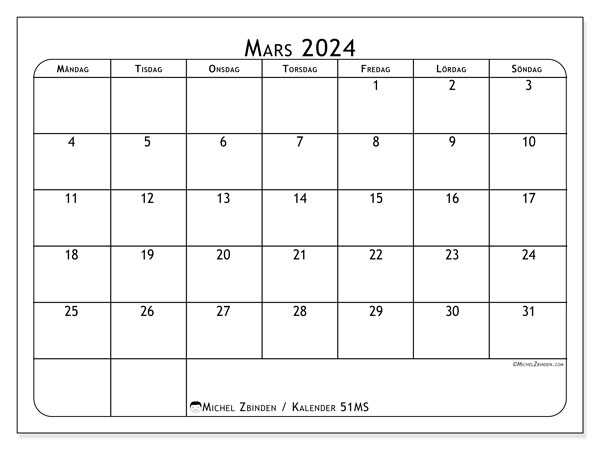 51MS, kalender mars 2024, för utskrift, gratis.