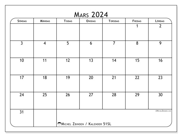 Kalender mars 2024, 51SL. Gratis utskrivbart program.