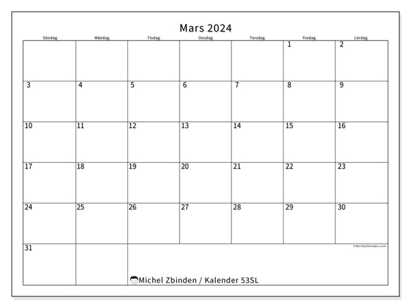 Kalender mars 2024 “53”. Gratis kalender som kan skrivas ut.. Söndag till lördag