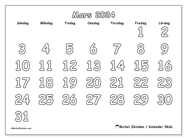 Kalender mars 2024, 56SL. Gratis utskrivbart program.