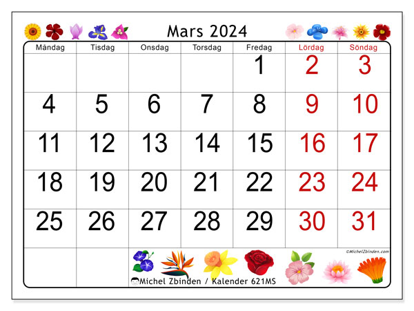 Kalender mars 2024, 621MS. Gratis kalender som kan skrivas ut.