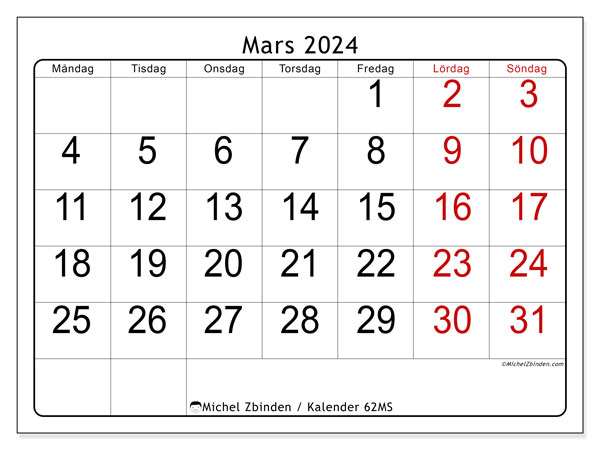Kalender mars 2024 “62”. Gratis karta som kan skrivas ut.. Måndag till söndag