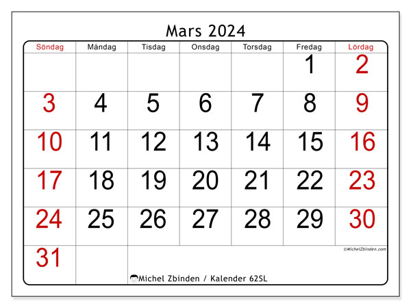 Kalender mars 2024, 62SL. Gratis utskrivbart program.