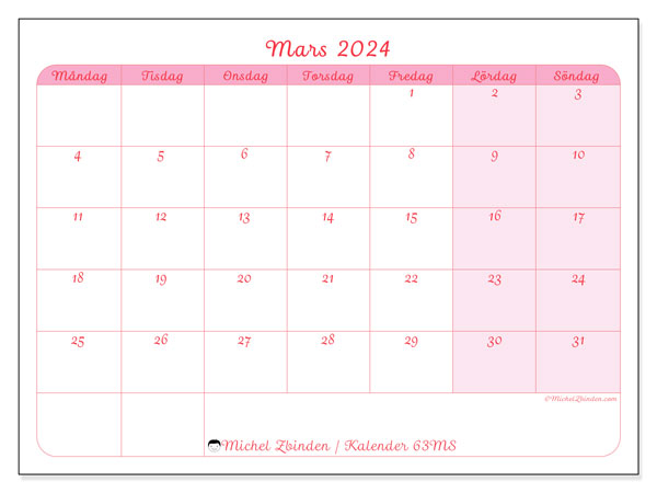 Kalender mars 2024 “63”. Gratis kalender som kan skrivas ut.. Måndag till söndag