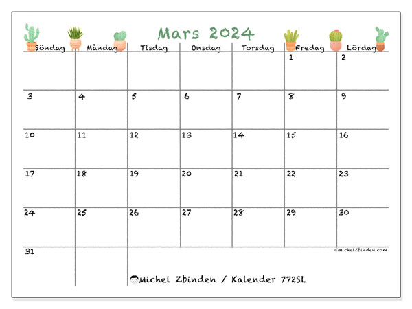 Kalender mars 2024, 772SL. Gratis kalender som kan skrivas ut.