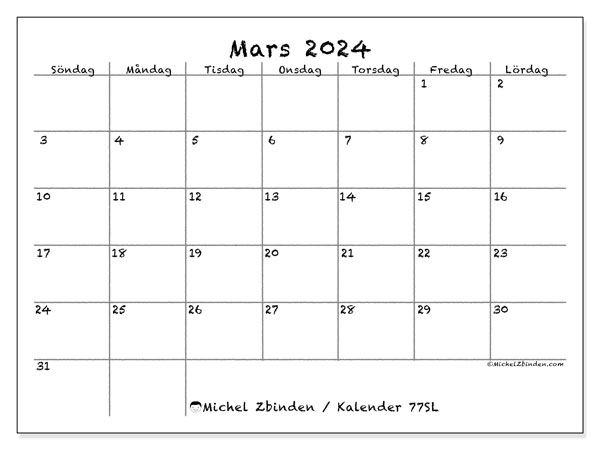 Kalender mars 2024 “77”. Gratis karta som kan skrivas ut.. Söndag till lördag