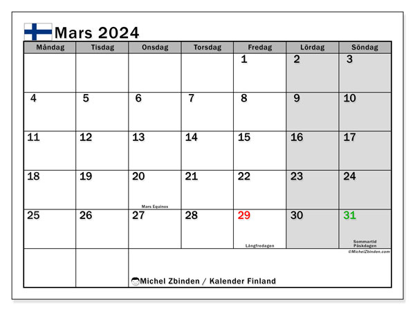 Kalender maart 2024, Finland (SV). Gratis printbaar schema.