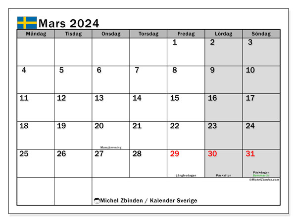 Kalenteri maaliskuu 2024, Ruotsi (SV). Ilmainen tulostettava ohjelma.