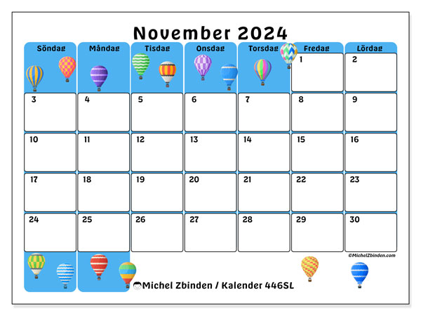 Kalender november 2024 “446”. Gratis utskrivbart program.. Söndag till lördag
