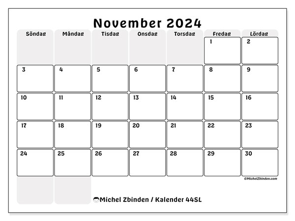 Kalender november 2024 “44”. Gratis karta som kan skrivas ut.. Söndag till lördag